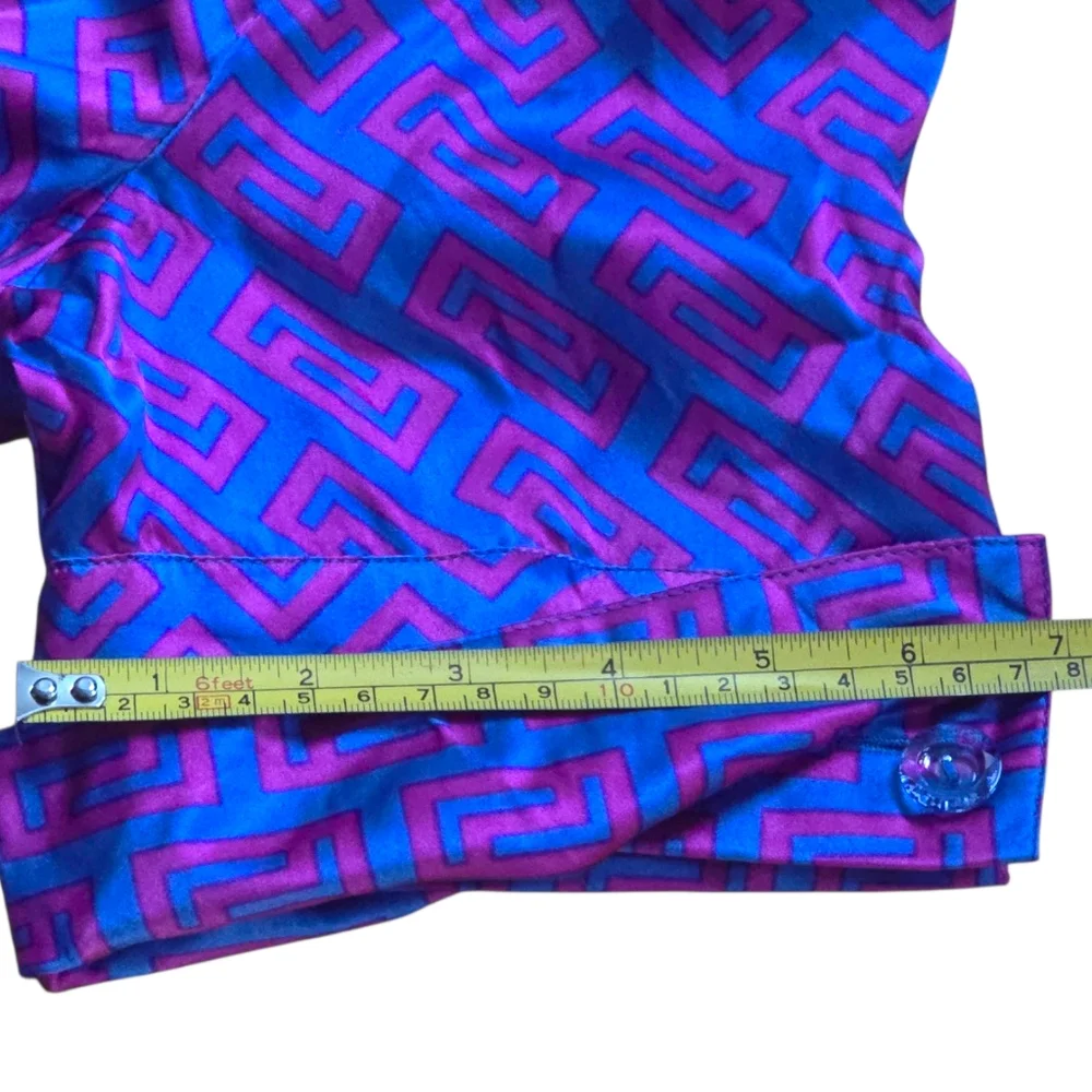 VTG ECI New York 100% Silk Blouse Asymmetric Wrap Geometric Purple Blue Size 14 - Picture 8 of 8